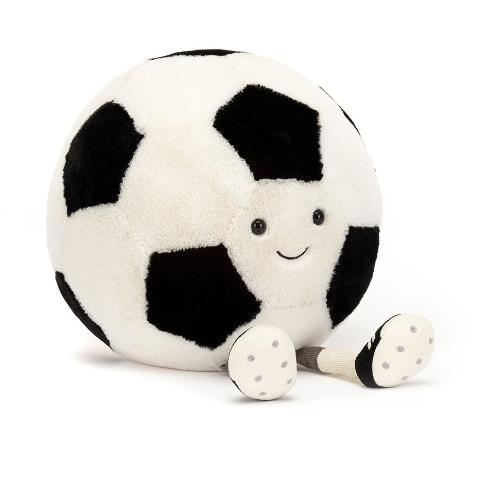Jellycat Amuseables Sports Soccer Ball with a colorful, plush fabric exterior, designed for playful use and decorative display.