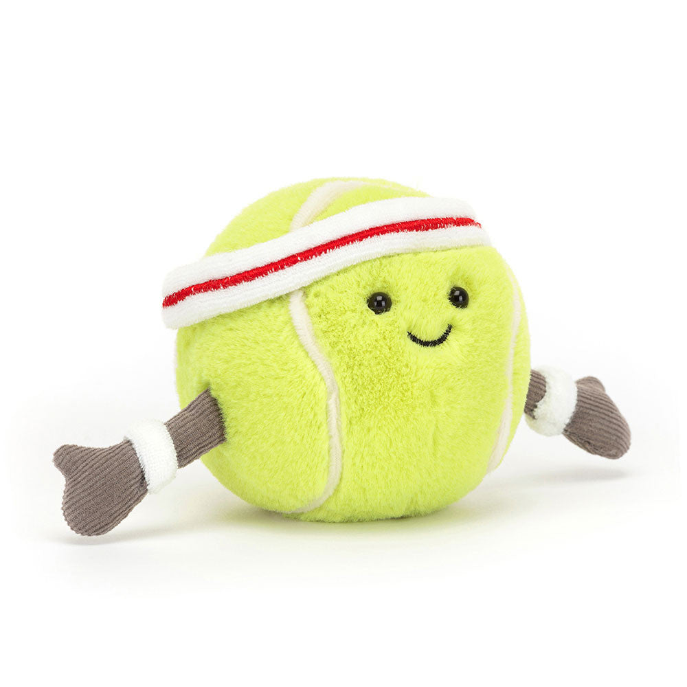 Soft plush Jellycat Amuseables Sports Tennis Ball toy with bright yellow and green colors, featuring embroidered details.