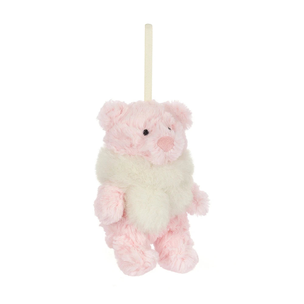 Jellycat Leola Bear winter warmer decoration with cozy knit hat and scarf, soft plush fabric, perfect for holiday décor.