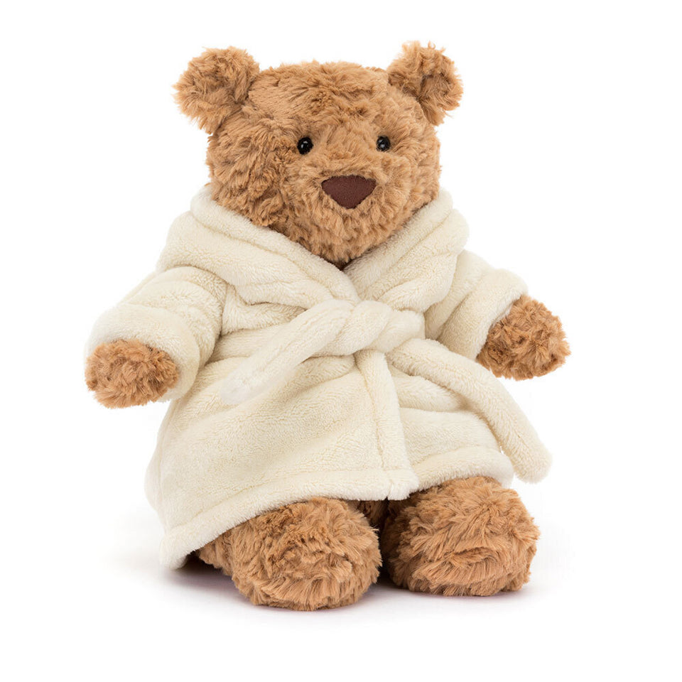 Jellycat Bartholomew Bear bathrobe outfit for plush toy, soft fabric with bear face hood and cozy design for children or cuddly toys