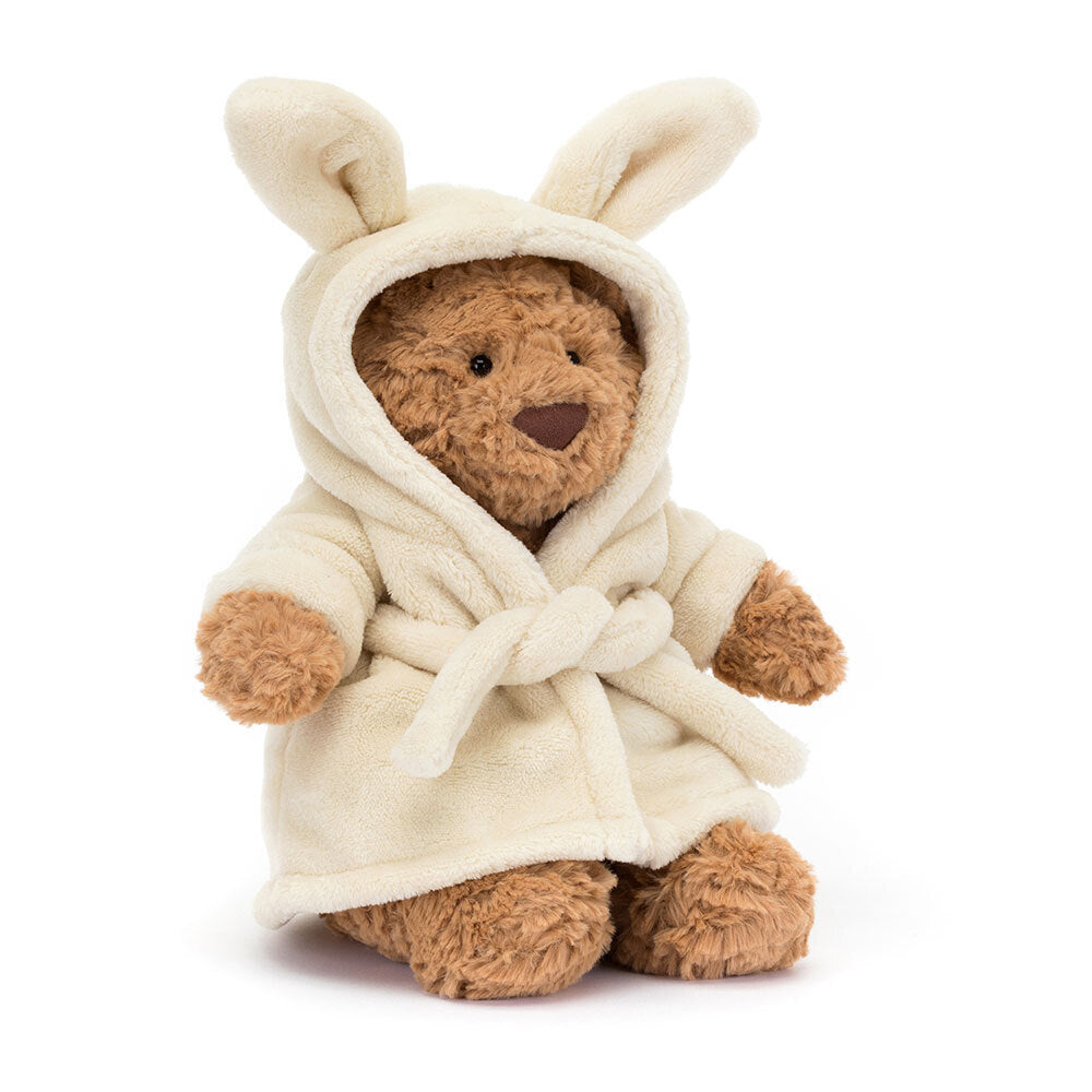Jellycat Bartholomew Bear plush bathrobe outfit for children, soft fabric with bear hood and cozy design, perfect for cuddly play and comfort.