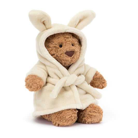 Jellycat Bartholomew Bear plush bathrobe outfit for children, soft fabric with bear hood and cozy design, perfect for cuddly play and comfort.