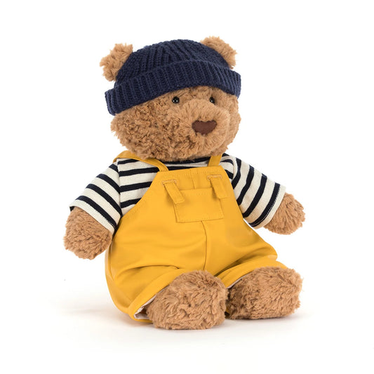 Jellycat Bartholomew Bear in seafarer outfit with striped sailor shirt and hat, soft plush toy for children.
