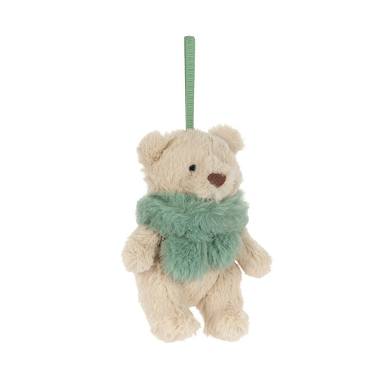 Jellycat Bartholomew Bear Jr. winter warmer decoration featuring a cozy, plush bear with a festive holiday design.