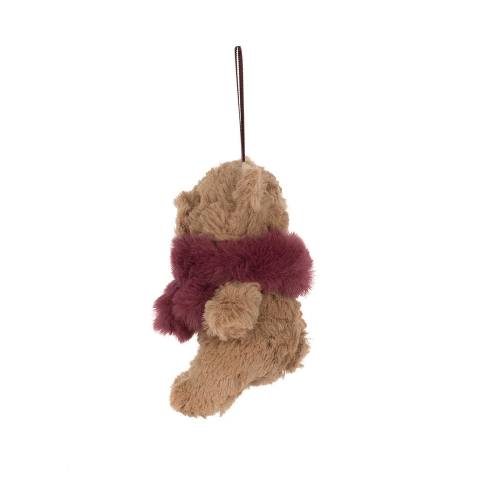 Jellycat Bartholomew Bear winter warmer decoration with cozy scarf and festive design, ideal for holiday decor.
