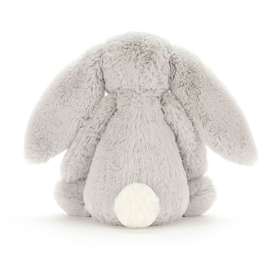 Soft, plush Bashful Silver Bunny by Jellycat with long ears and a gentle expression, perfect for cuddling and gift-giving.