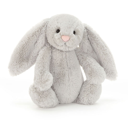 Jellycat Bashful Silver Bunny plush toy with soft gray fur and floppy ears, perfect for cuddling and gentle play.