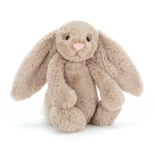 Jellycat Bashful Beige Bunny plush toy with soft fur, round eyes, and long floppy ears, perfect for cuddling.