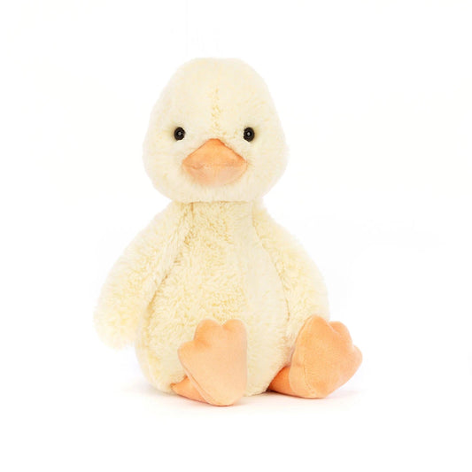 Soft Jellycat Bashful Duckling Original plush toy with a yellow body, fluffy feathers, and a gentle expression, perfect for cuddling.