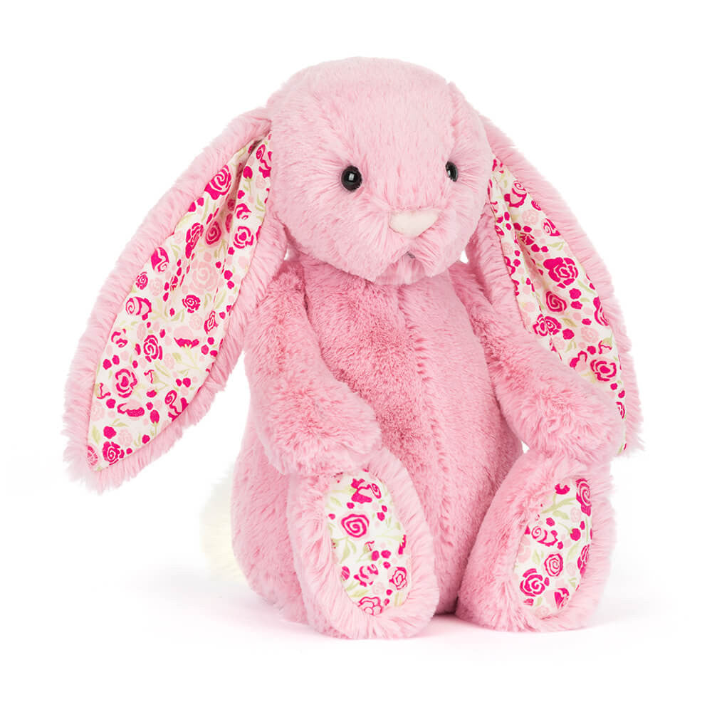 Jellycat Blushkin Blossom Luxe Bunny plush toy with soft pink fur and floral accents, ideal for cuddling and gift-giving.