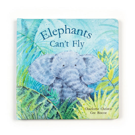 Jellycat Elephants Can't Fly children's book with colorful illustrated cover featuring playful elephants and whimsical design.