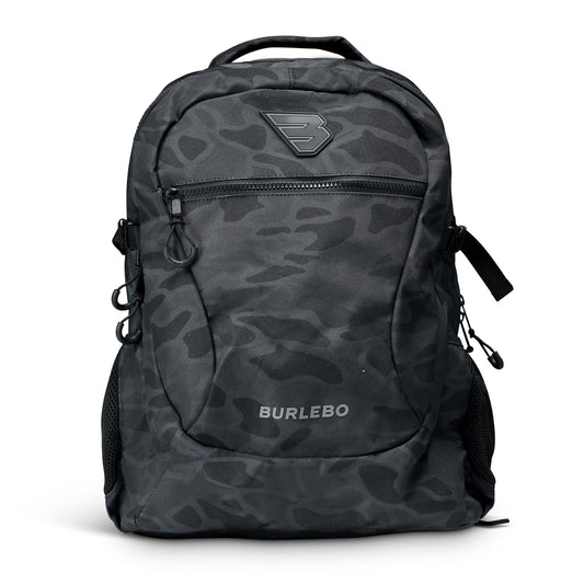 Black camo backpack by Burlebo with front zipper compartments and adjustable straps, stylish and functional for everyday use.