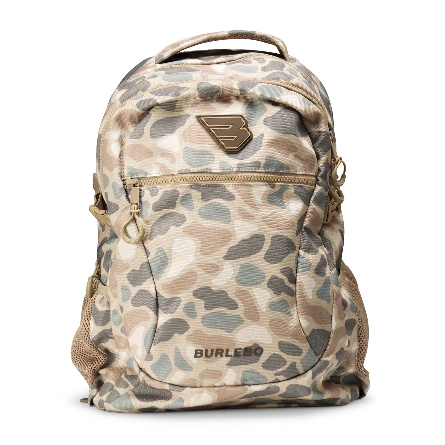 Burlebo Pintail Camo Backpack with adjustable straps and front zipper pocket, featuring a green and brown camouflage design.