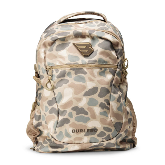 Burlebo Pintail Camo Backpack with adjustable straps and front zipper pocket, featuring a green and brown camouflage design.