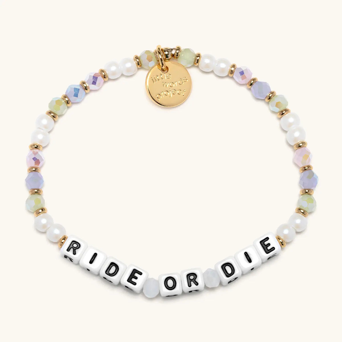 Little Words Project bracelet with the "Best Ride or Die" message, featuring colorful beads and a silver clasp.