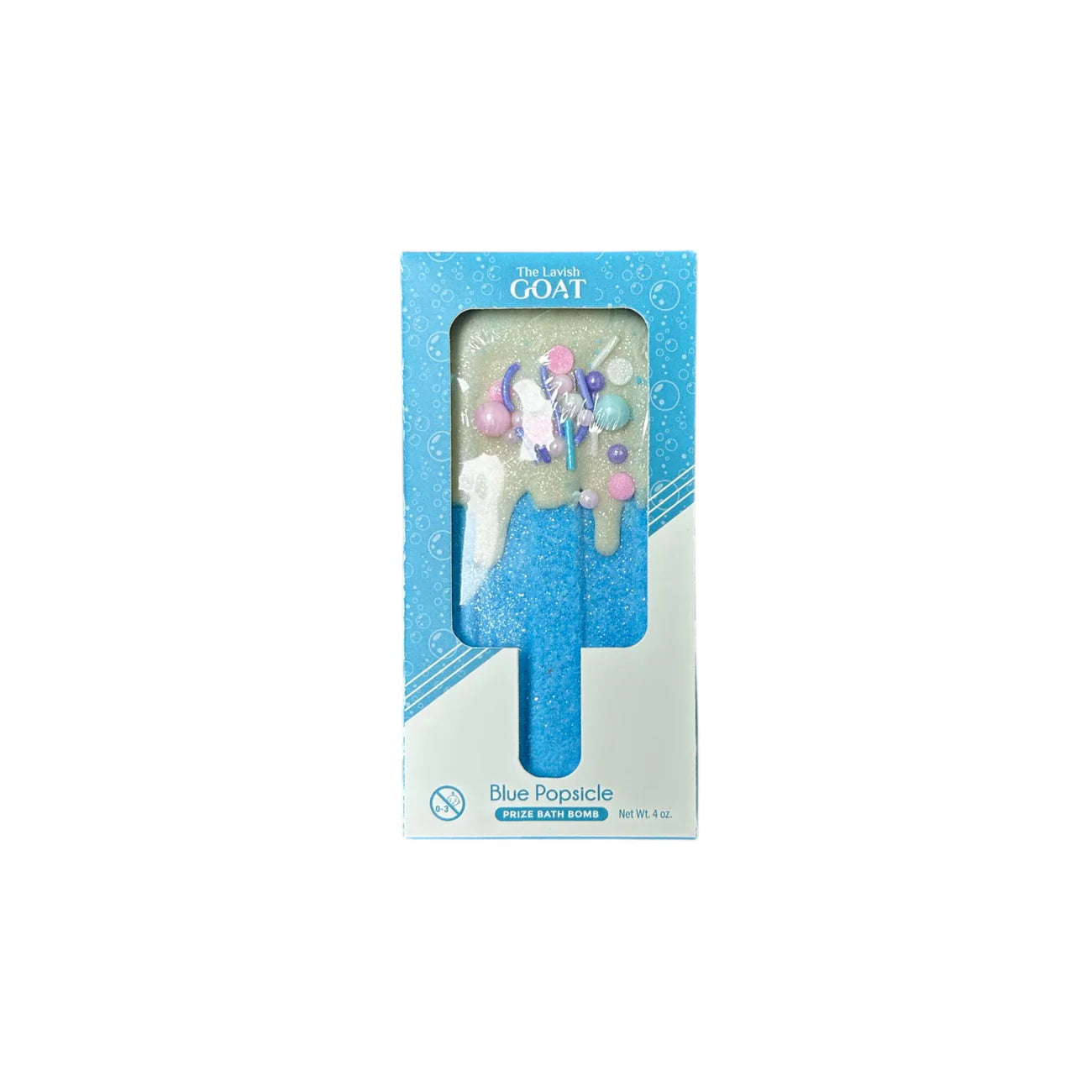 Blue Popsicle Prize Bath Bomb by The Lavish Goat, vibrant blue and white bath bomb with colorful sprinkles, ready for a relaxing soak.