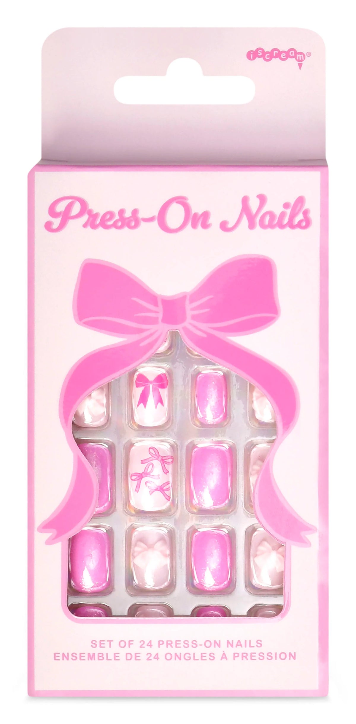 Iscream bow press-on nails featuring a stylish bow design, perfect for easy, temporary nail fashion.