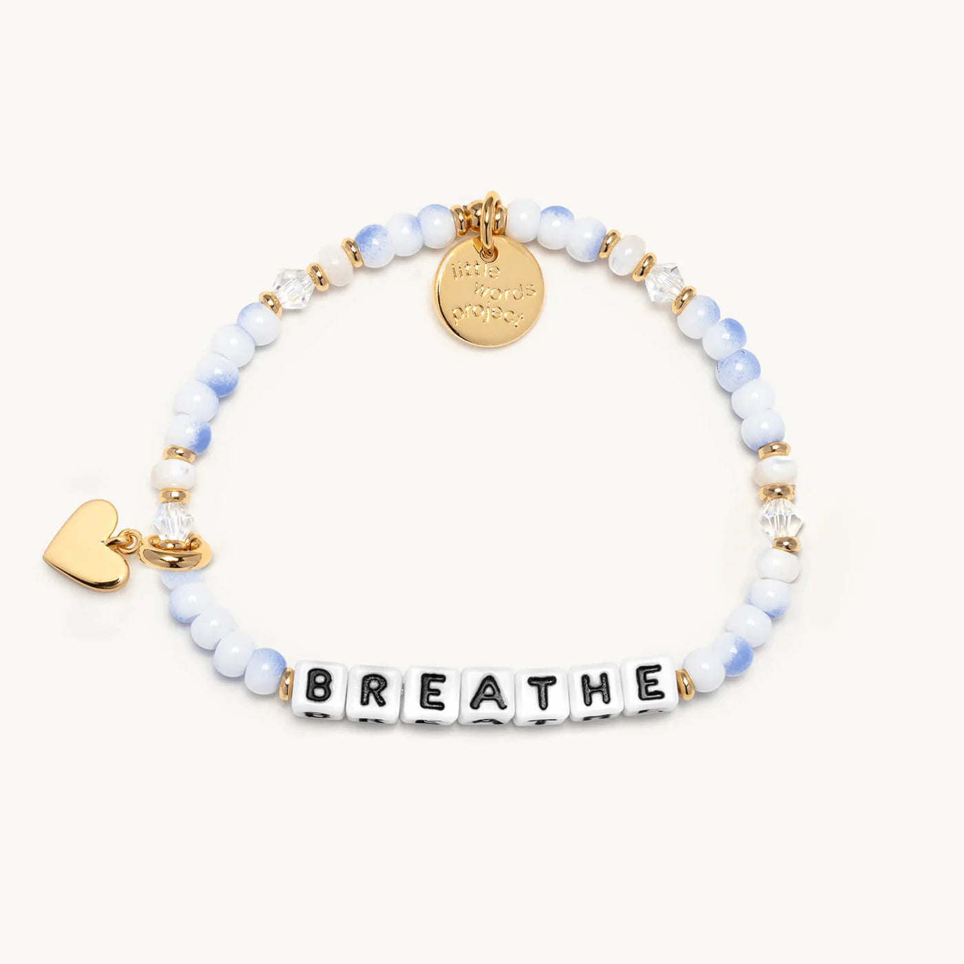 Little Words Project bracelet featuring a "Breathe" charm with colorful beads and a silver clasp on a white background.