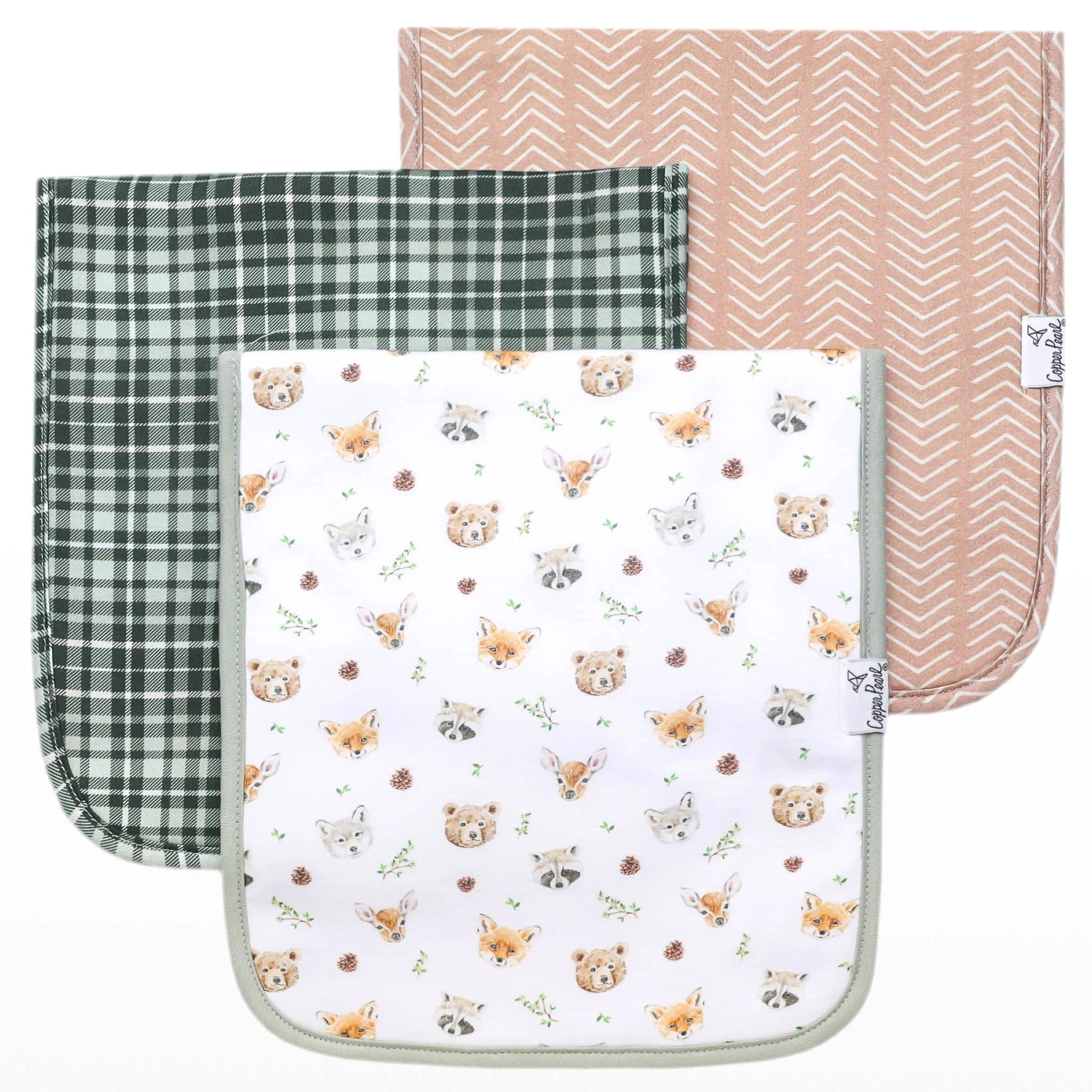 Set of Copper Pearl Wilder Premium Burp Cloths featuring soft, absorbent fabric with playful patterns for comfortable baby care.