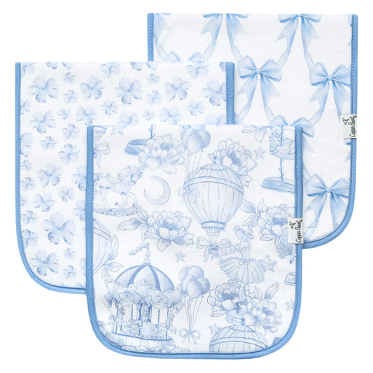 Vintage Carnival Copper Pearl burp cloths with colorful patterns, soft fabric, and absorbent material for baby care.
