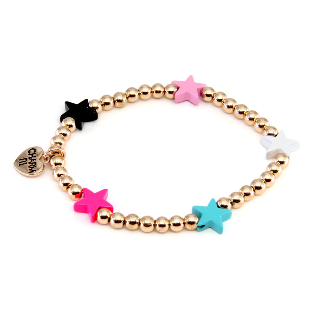 Charm It! gold bead multi-star stretch bracelet with colorful beads and star charms on an elastic band.