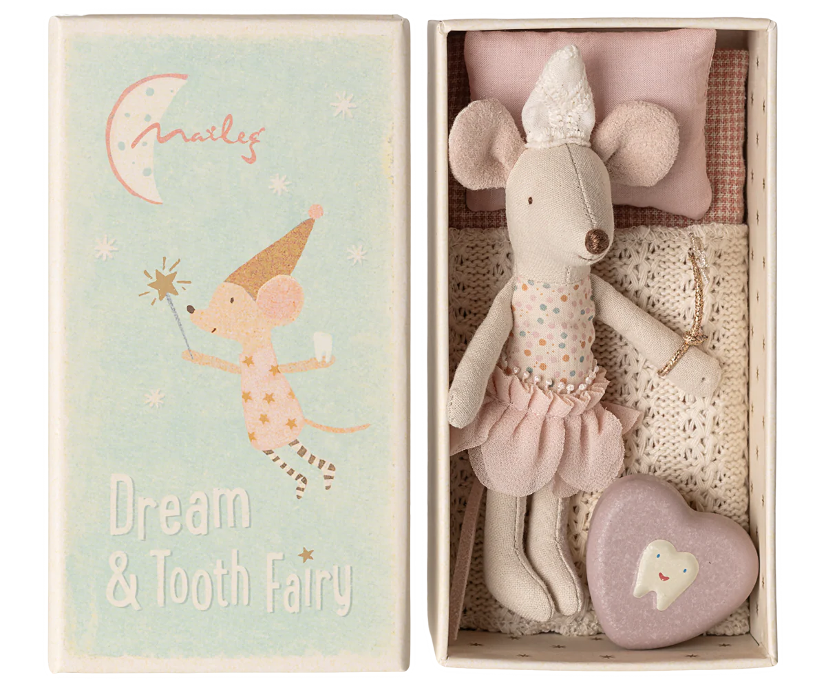 Maileg Tooth Fairy Mouse in a matchbox, adorable miniature toy for children, featuring a cute mouse figure with detailed designs.