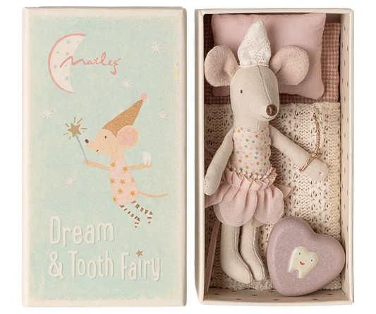 Maileg Tooth Fairy Mouse in a matchbox, adorable collectible plush toy for children or decorative display.
