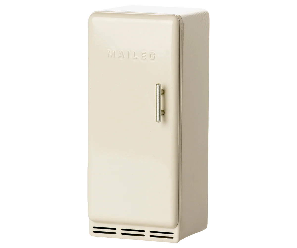 Maileg off-white toy fridge with a cute mouse figure, detailed miniature kitchen appliance for play or display.