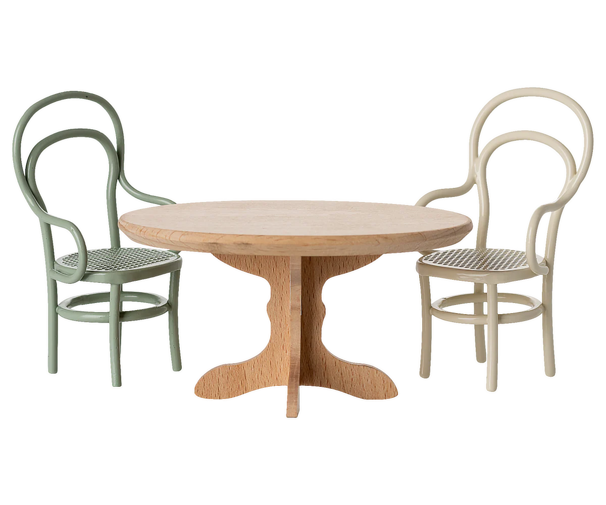 Maileg oval wooden dining table in natural finish with a smooth surface, designed for miniature or dollhouse play.