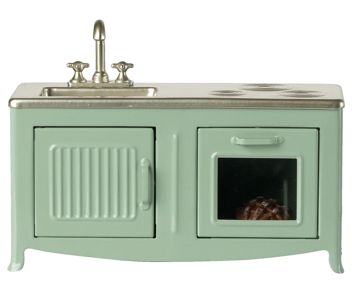 Maileg mint-colored kitchen mouse toy, soft fabric doll with detailed features, ideal for children's play and collection.