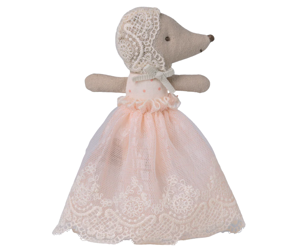 Maileg baby mouse in powder gown, plush toy with soft fabric and detailed clothing, ideal for children's play and collectible displays.