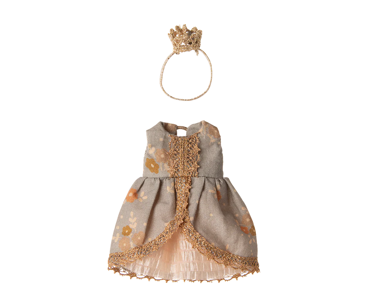 Maileg Big Sister Mouse princess dress, colorful fabric with floral details, costume for plush mouse toy, perfect for dress-up play