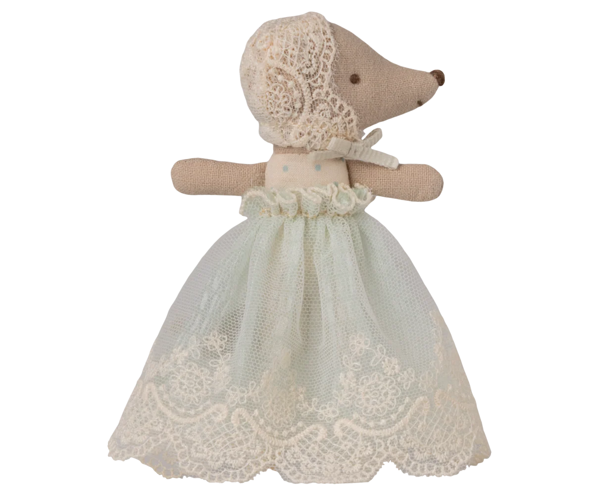 Baby Maileg mouse in a mint gown, soft fabric stuffed toy with delicate details, ideal for children's play and nursery decor.