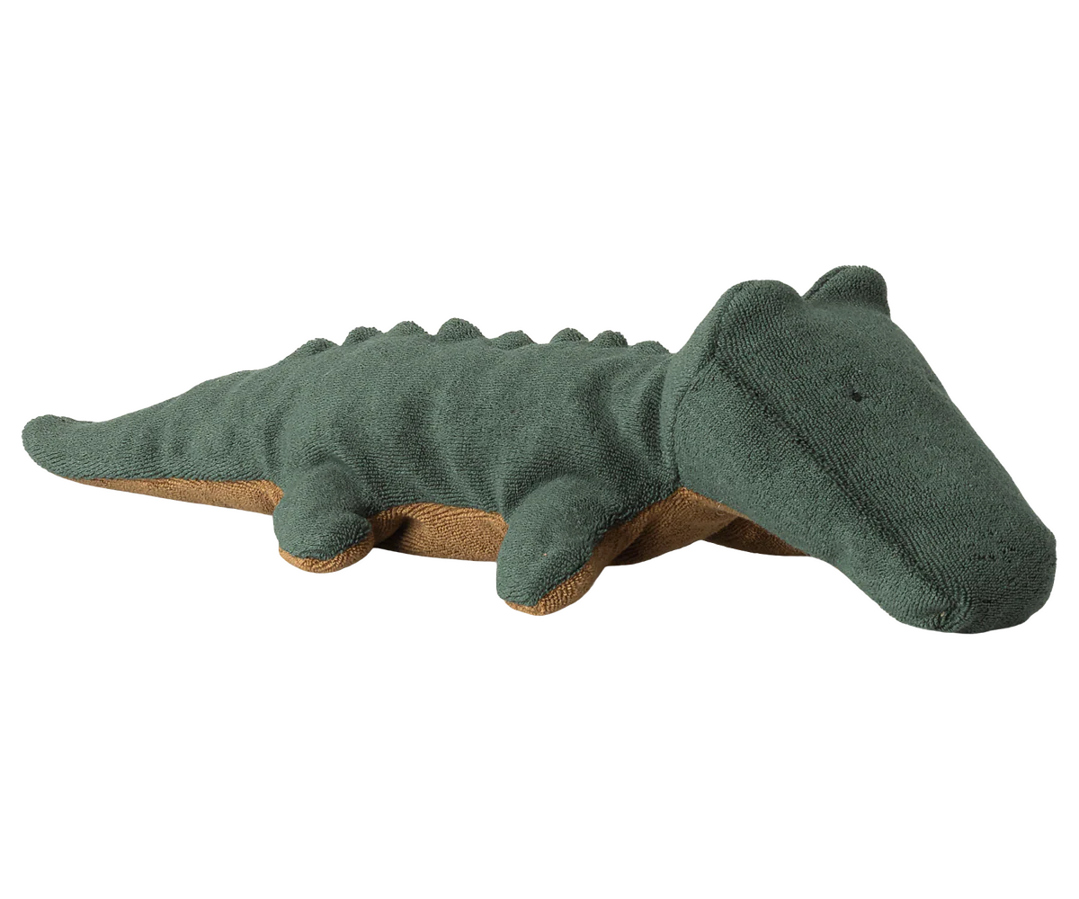 Small forest green Maileg Safari Friends Crocodile toy with detailed features and textured fabric, perfect for imaginative play.