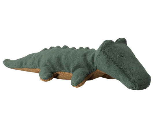 Small forest green Maileg Safari Friends Crocodile toy with detailed features and textured fabric, perfect for imaginative play.
