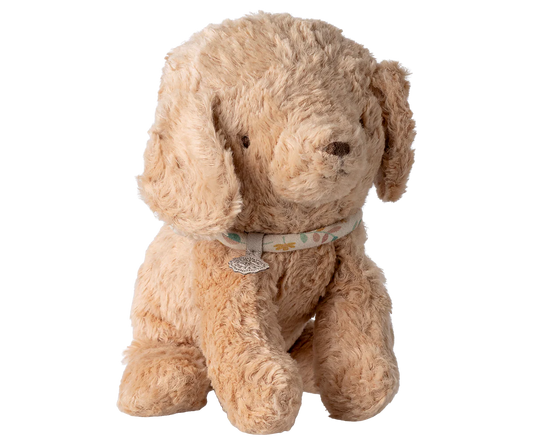 Small Dusty Powder Puppy plush toy from Maileg featuring soft fabric and detailed features, perfect for cuddling and play.
