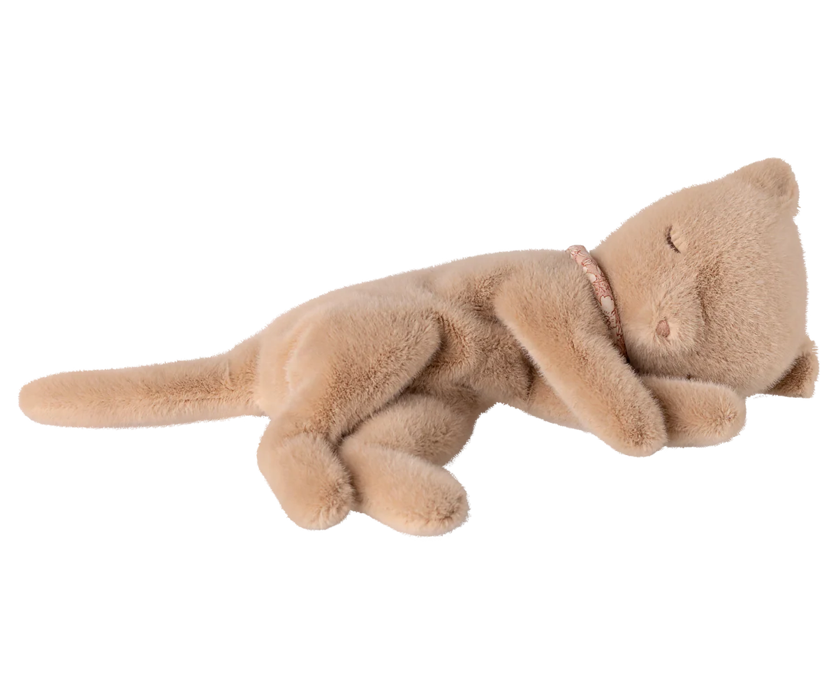 Cream-colored Maileg sleeping kitten plush toy in small size, soft and cuddly with peach accents, perfect for gentle play or cuddling.