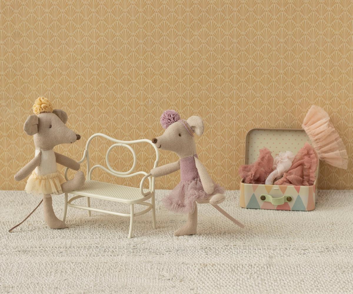 Maileg Ballerina Mouse Little Sister in off-white, soft fabric plush toy with delicate ballet tutu and detailed features.