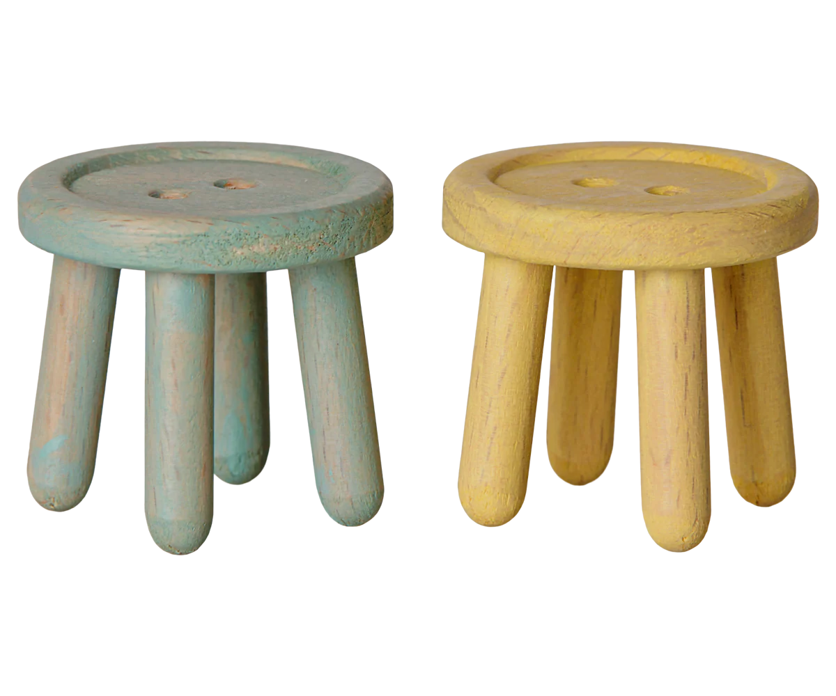 Maileg Mouse stool set featuring mint and light yellow colors, perfect for children's playroom or nursery decor.
