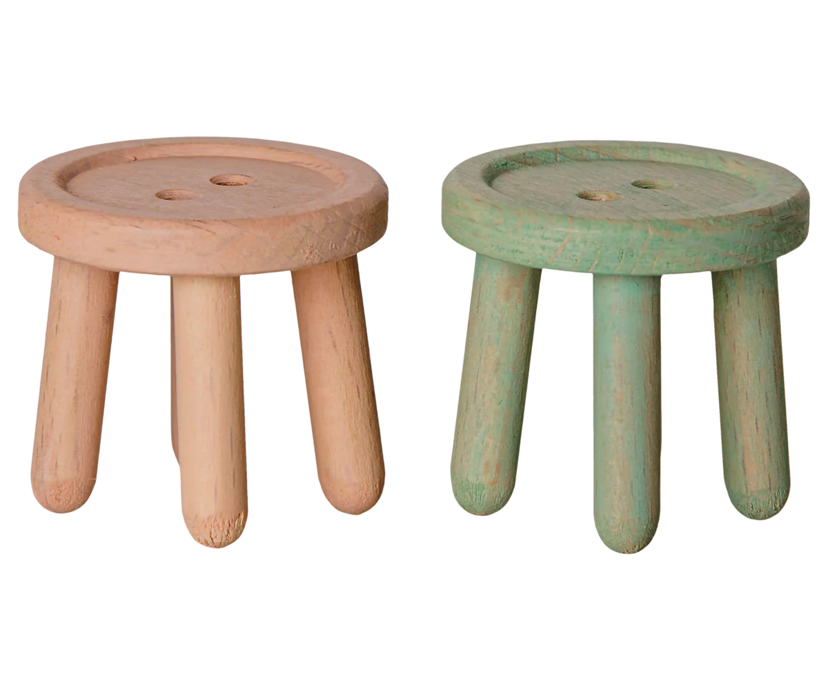 Maileg stool set featuring a light rose and light mint Mouse-themed stools with colorful, whimsical design.
