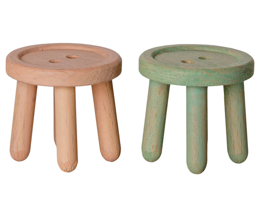 Maileg stool set featuring a light rose and light mint Mouse-themed stools with colorful, whimsical design.