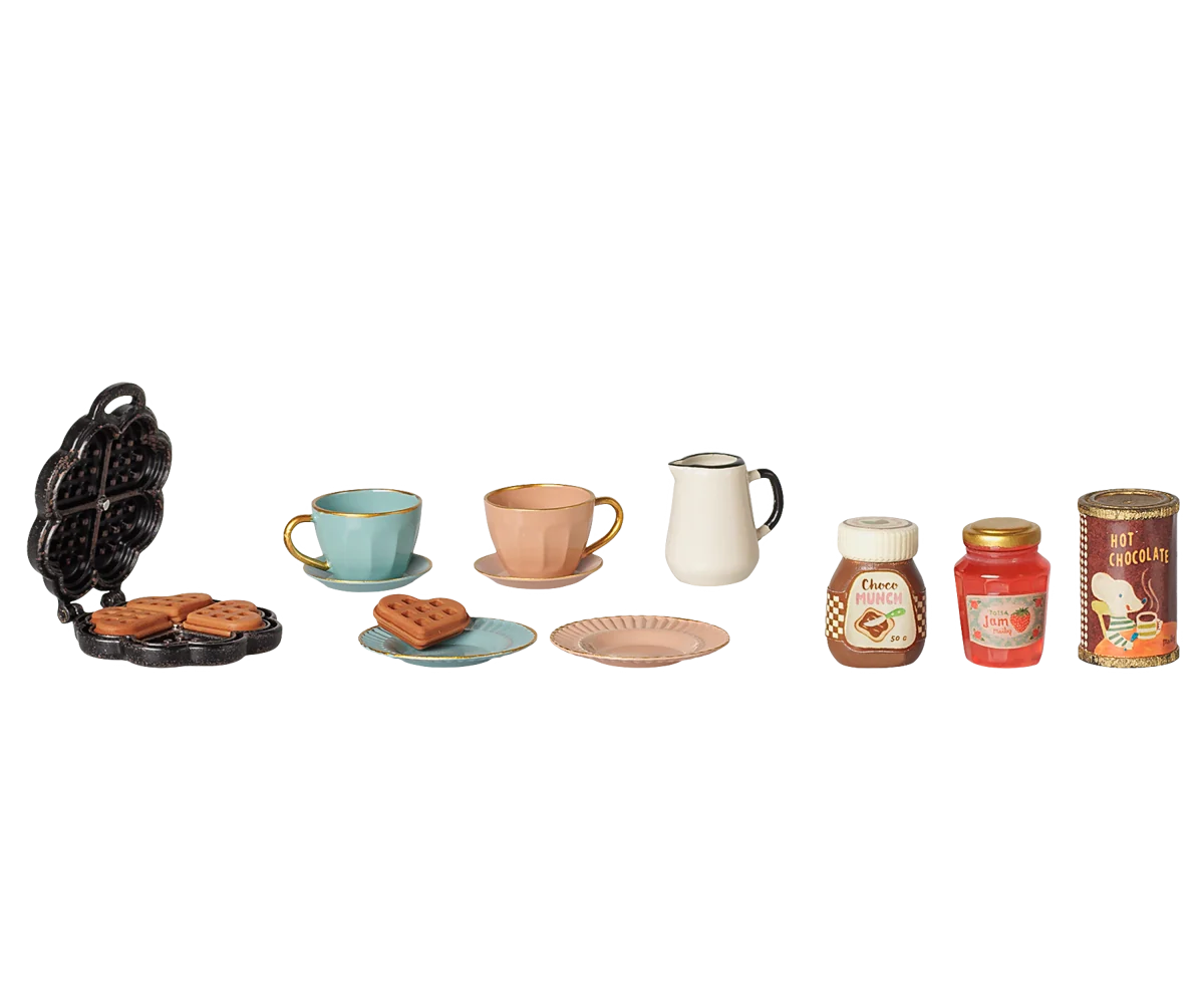 Maileg Mouse waffle set with miniature waffle maker, plate, and utensils