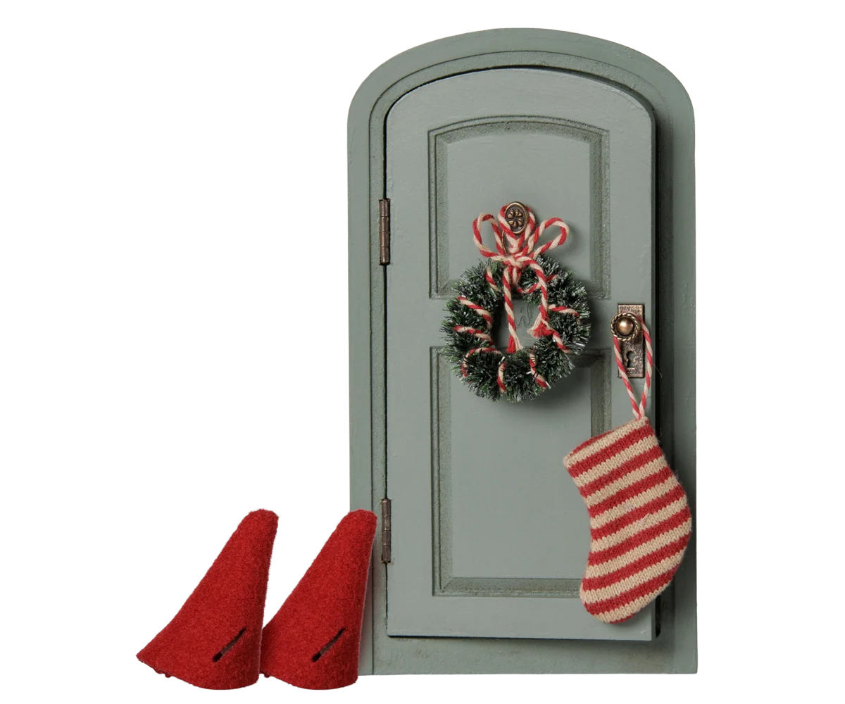 Maileg Christmas door set with mouse figure and festive red door accessories