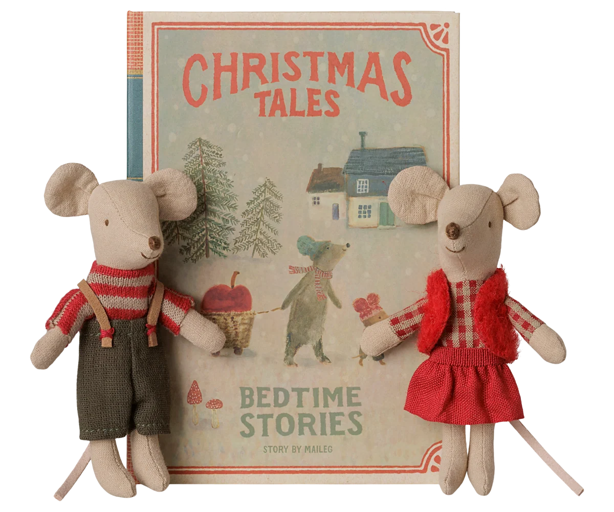 Maileg Christmas twin mice, little sister and brother sitting together in a book outfit