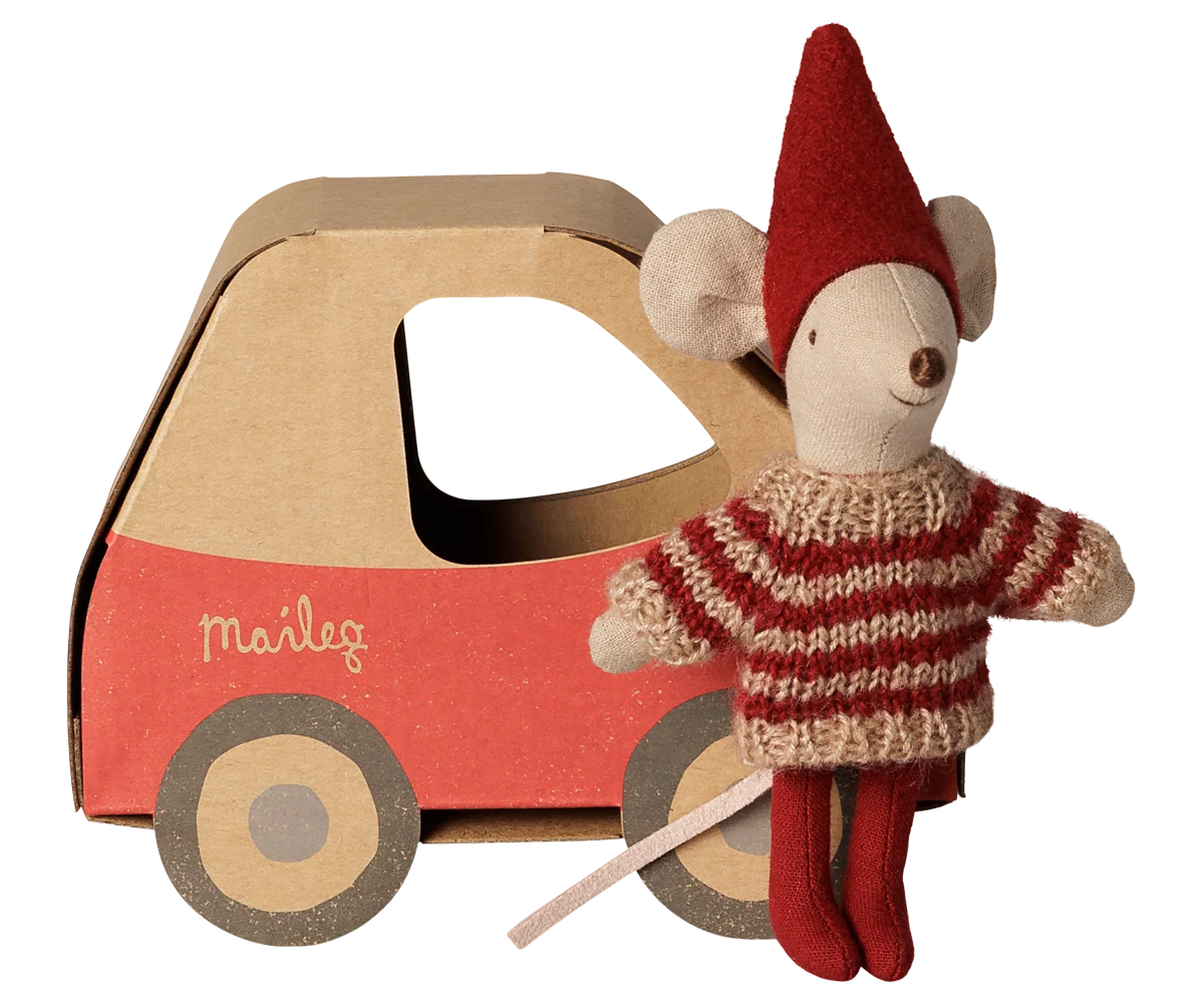 Maileg Christmas mouse Little Sister in car box, festive toy mouse with car accessory in gift box