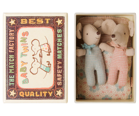 Maileg Twins Baby Mice in a colorful checker matchbox, adorable miniature toy mice for collecting or play.