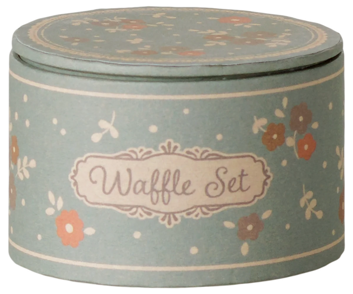 Maileg Mouse waffle set with miniature waffle iron, plate, and utensils