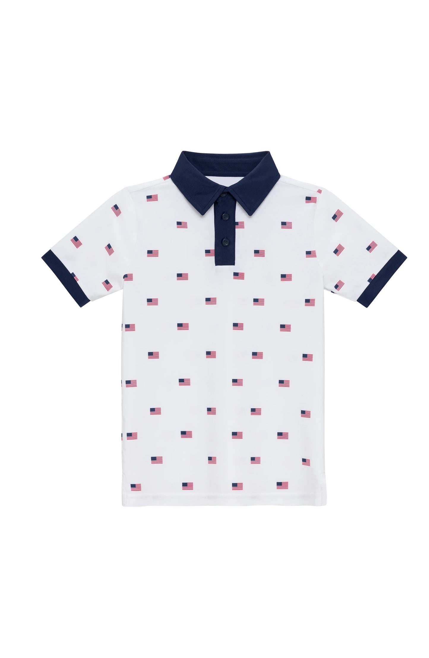 Courtside Kids Old Glory polo shirt in navy with white and red stripes, classic collar, and short sleeves.