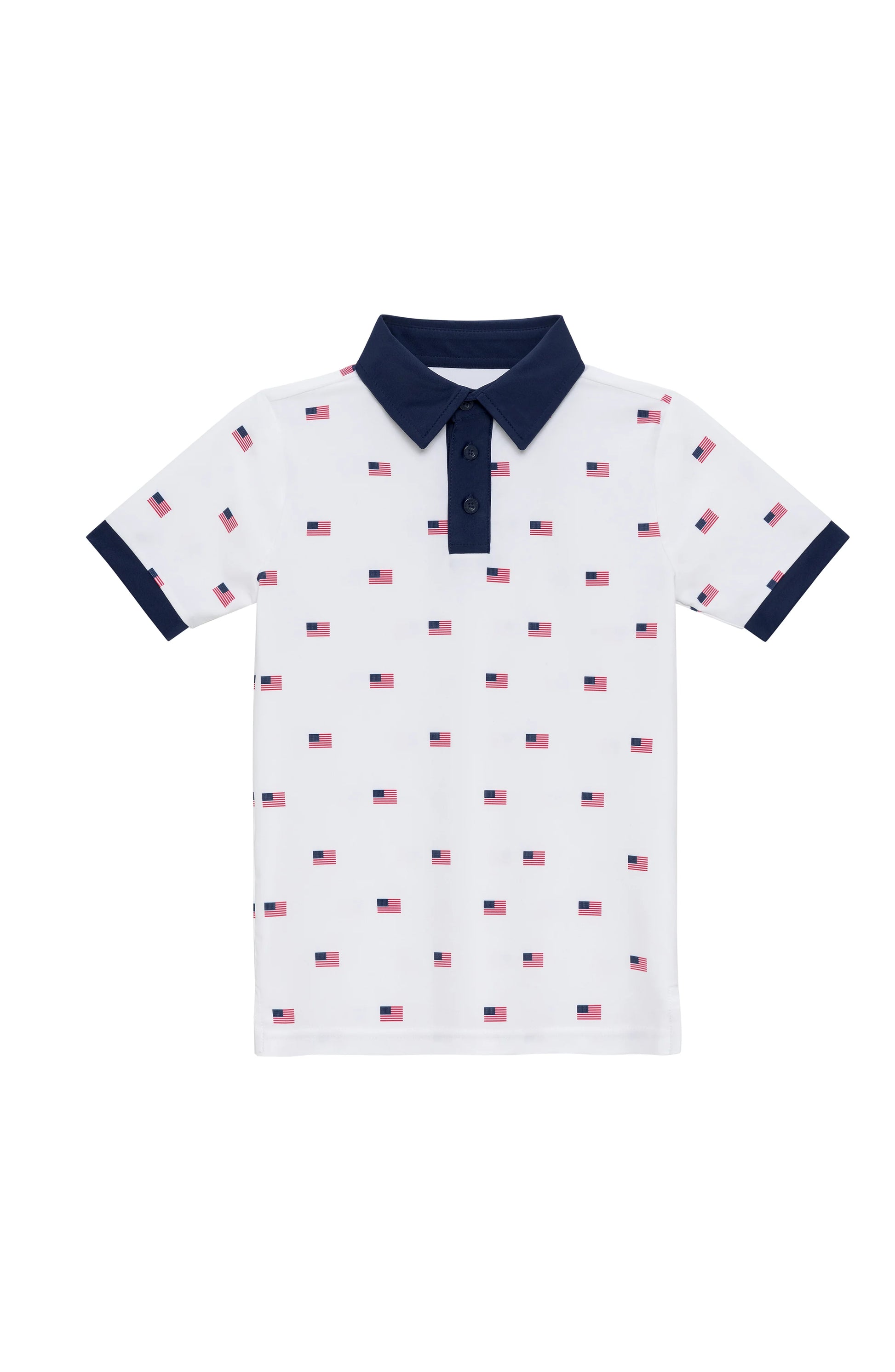 Courtside Kids Old Glory polo shirt in navy with white and red stripes, classic collar, and short sleeves.