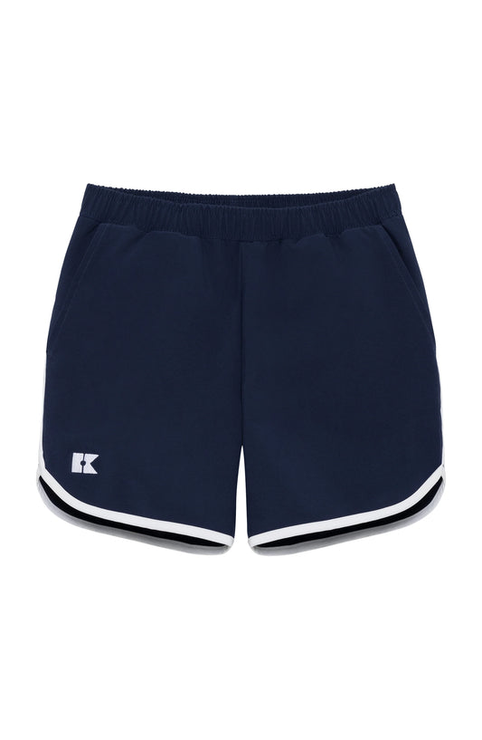 Navy retro super short with white piping from Courtside Kids, featuring a classic sporty design and comfortable fit.